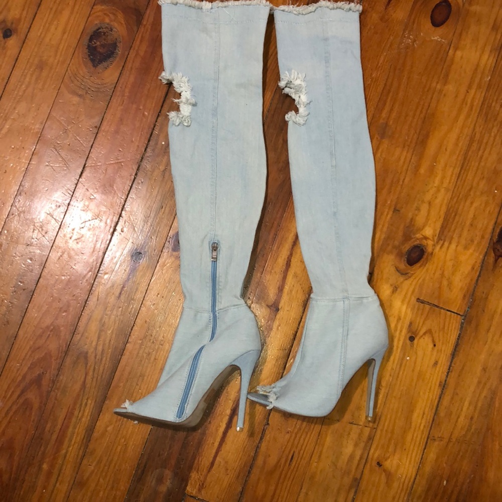 Denim thigh high boots